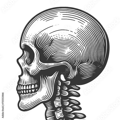 human skull side view detailed bone structure sketch engraving generative ai fictional character raster illustration. Scratch board imitation. Black and white image.