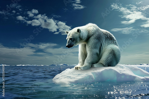 polar bear sitting on small ice floe in the Arctic Ocean, blue sky and white clouds overhead, climate change