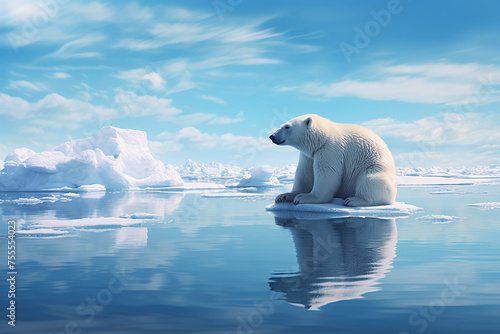 polar bear sitting on small ice floe in the Arctic Ocean, blue sky and white clouds overhead, climate change