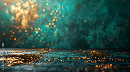 Abstract background with emerald green and gold particles,Abstract blur bokeh banner background. Gold bokeh on defocused emerald green background photo