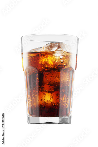 Glass of cola with ice cubes isolated on white background. Low angle view.