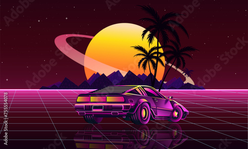  A futuristic car in the form of a sports car in the style of a retro game for the console of the 1990s. Abstract poster on Saturn background