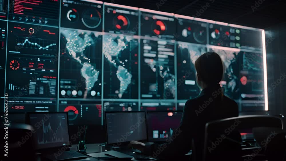 Businesswoman intently monitoring sales graph on multiple monitors in modern office setting Businesswoman intently monitoring sales graph on multiple monitors in modern office setting