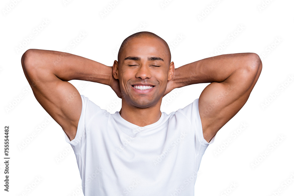 Φωτογραφία Close up photo calm healthy masculine dark skin he him his macho bald head arms