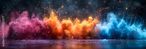 Holi Festival Celebration Holi Word with Bright Colors, Colorful powder explosion background photo