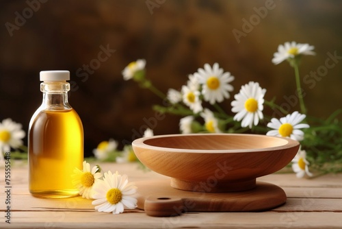 Aromatic oil in a glass bottle on a black background with a place for text. Aromatherapy  relaxation. With daisies in the background.
