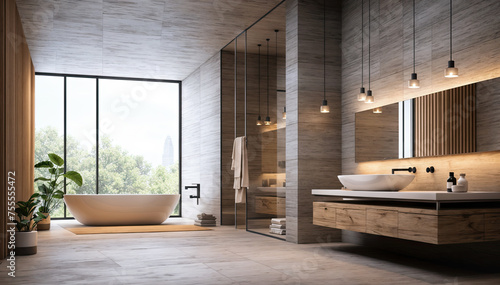 Interior of modern bathroom with wooden walls, tiled floor, comfortable bathtub and panoramic window. 3d rendering © Hoody Baba