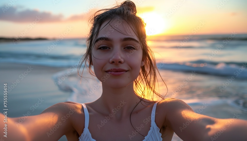 Beautiful young brunette woman with perfect healthy teeth and toothy smile making selfie smiling to camera during the trip as relax travel and vacation concept at the sea shore Beautiful young brunette woman with perfect healthy teeth and toothy smile making selfie smiling to camera during the trip as relax travel and vacation concept at the sea shore