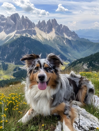 Australian Shepherd marvels at the Dolomites under a clear blue sky, captured in a raw, high-angle shot with an iPhone 7.