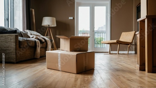 Stack of brown cardboard boxes with household belongings on floor in empty living room. Moving to new home, relocation, renovation, home staging, removals and delivery service photo
