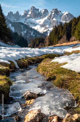 Winter meets spring in a stunning alpine landscape  captured by a Canon EOS R5 during golden hour  showcasing a perfect blend of snow  greenery  and warm sunlight.