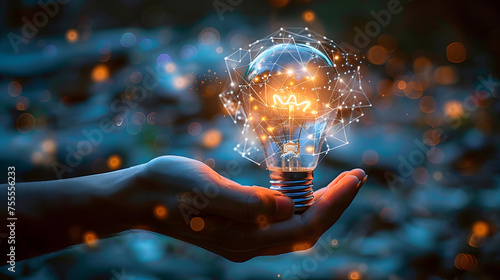 Hand held light bulb, cloud computing for global internet connection. Business global internet connection application technology, digital marketing, financial and banking, digital link tech, big data photo