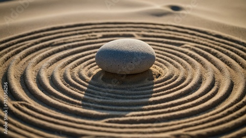 Japanese zen garden with round stone in raked sand. Tranquility, mindfulness, spa relaxation, balance ripples, sand pattern