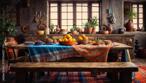 Fruits and vegetables on a wooden table in a rustic kitchen
