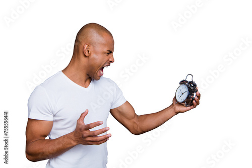 Close up side profile photo sick mad unhealthy dark skin he him his macho bald head puzzled hold clock hopelessness despair yell loudly wearing white t-shirt outfit clothes isolated grey background