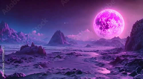 Rocky alien planet surface with a violet colored moon