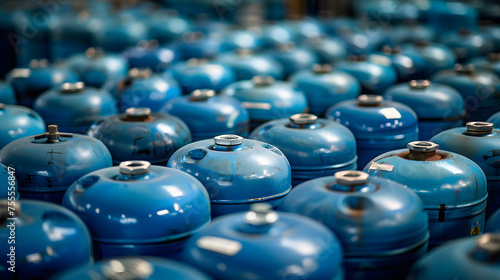 Pattern of blue propane tanks tightly packed, with selective focus creating depth in an industrial setting