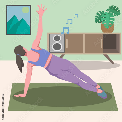 Girl doing rolling plank exercise  fitness exercise  aerobics and exercises. Vector Illustration.
