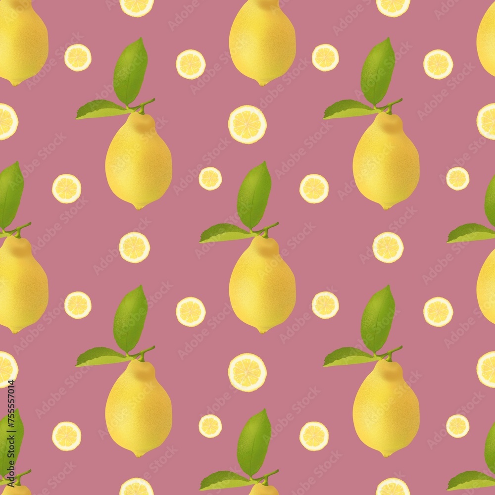 Lemon fruits on pink background. Seamless botany pattern. Flowers, Leaves, Lemons. Digital illustration, hand drawn. For packing, textile, paper and any DIY. Lemon fruits on pink background. Seamless botany pattern. Flowers, Leaves, Lemons. Digital illustration, hand drawn. For packing, textile, paper and any DIY.