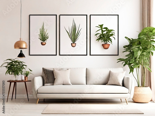Poster Frame on white wall living room, modern interior with plant, tea Table, White sofa