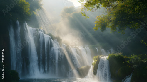 Sunlight filtering through mist around waterfalls background