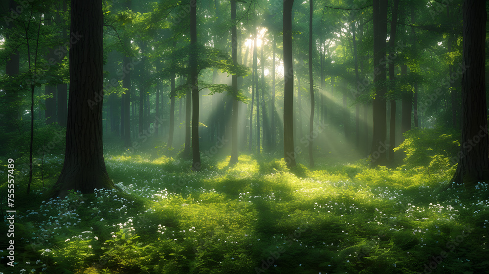 Soft light creating a dreamlike atmosphere in the forest background