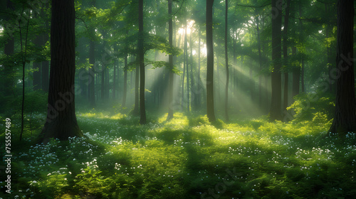 Soft light creating a dreamlike atmosphere in the forest background
