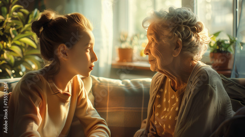 Grandma and granddaughter have an emotional conversation on the sofa in the living room - love and emotions between grandparents and grandchild © DigitalDreamscape
