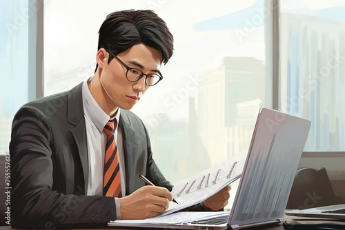 Profile of the firm's accountant for company registration, bookkeeping, asian people working with Deferred Incomes, Drawing Account, stock market, Depletion, Doubtful Debt, Equivalent Units © yuntunen