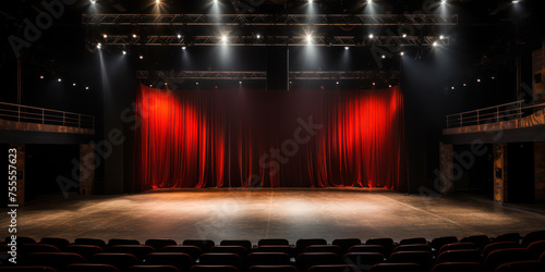 The Enigmatic Drama: Dark Theatre Stage with Red Velvet Curtain, Bright Spotlight, and Empty Auditorium