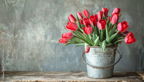 Red tulips bouquet in tin metal backet, grey wall background. Mother's day floral gift. photo