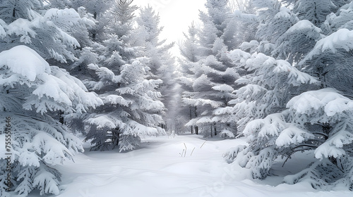 Snow-covered pine trees along the ski trails background