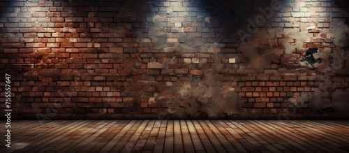 A weathered brick wall inside a room is brightly lit by three spotlights, creating a dramatic and textured visual effect.