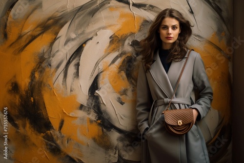 woman posing in a coat on the background of the wall with the handbag © yuntunen