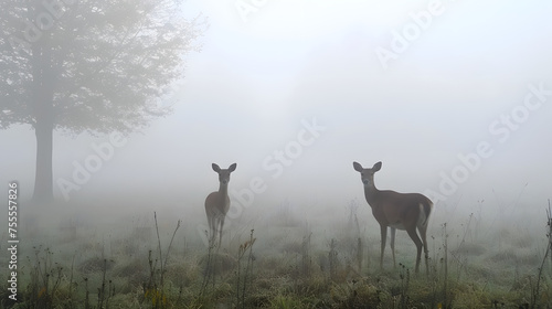 Silhouettes of wildlife or figures in the foggy landscape background