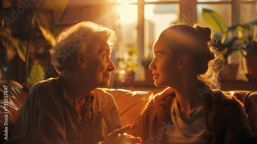 Grandma and granddaughter have an emotional conversation on the sofa in the living room - love and emotions between grandparents and grandchild © DigitalDreamscape