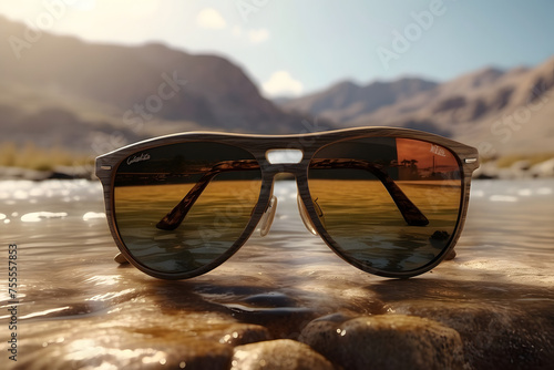 A high-quality image of designer sunglasses reflecting a stunning, serene mountain landscape in the lenses photo