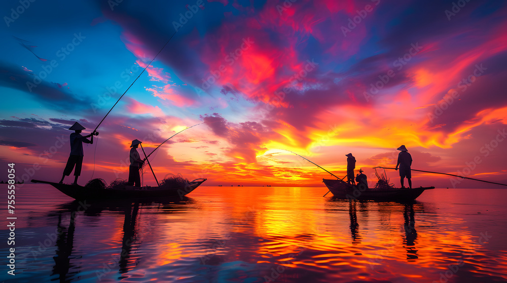Silhouettes of fishermen against a colorful sunset sky background