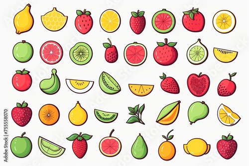 A set of painted linear colored fruits on a transparent background. a vector set of simple shapes. lines  icons  coloring  signage 