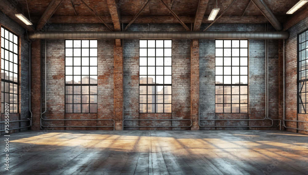 3D rendering of an old industrial interior with a large window.
