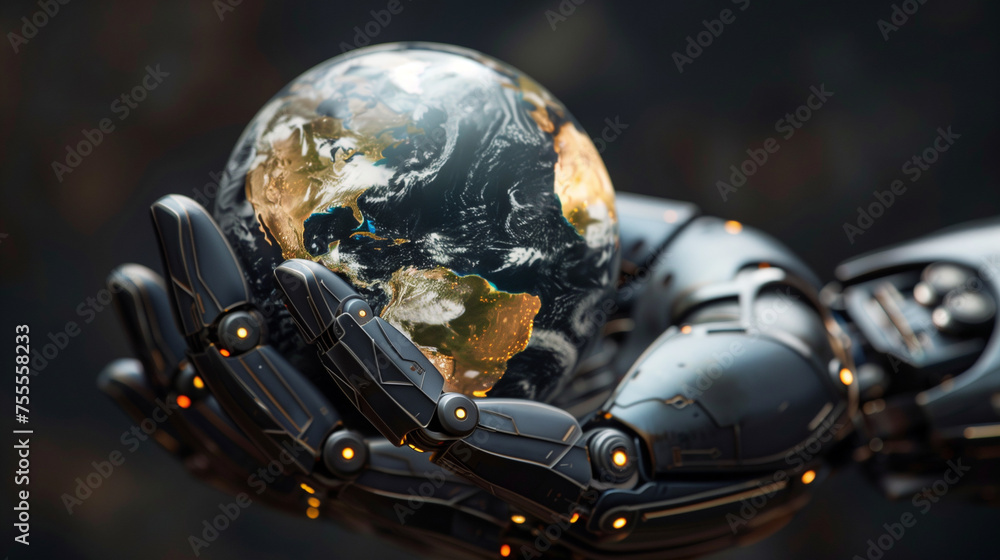 AI robotic hand holding Earth against a dark background. A concept of AI dominating the world. AI robotic hand holding Earth against a dark background. A concept of AI dominating the world.
