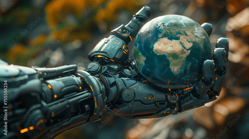 AI robotic hand holding planet Earth. A concept of AI dominating the world. AI robotic hand holding planet Earth. A concept of AI dominating the world.
