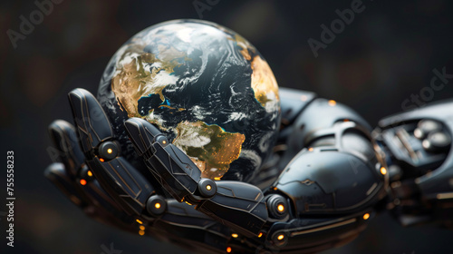 AI robotic hand holding Earth against a dark background. A concept of AI dominating the world.