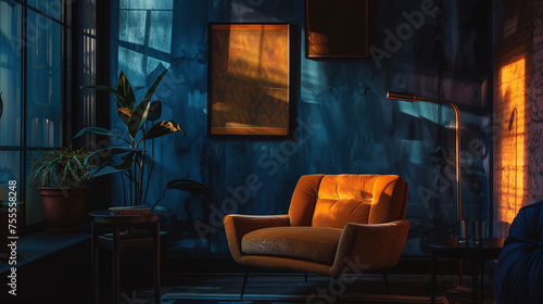 Orange sofa and armchair against dark blue classic wall with marbling poster. Art deco home interior design of modern living room.