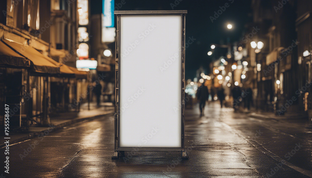 Illuminated Blank Vertical Billboard on Urban Street at Night
