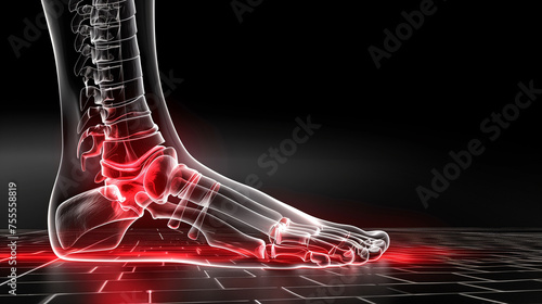 llustration of sprained ankle pain, highlighted in red on the sprained ankle area, on black background, x-ray human body. photo