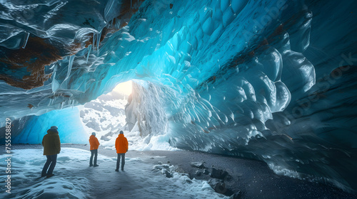 Photographers or explorers within the enchanting ice caves background photo