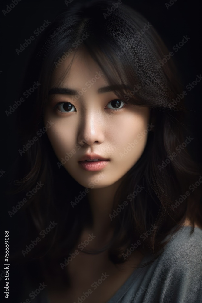 A dramatic portrait capturing the intensity in the eyes of an Asian woman against a dark background. Created with generative A.I. technology