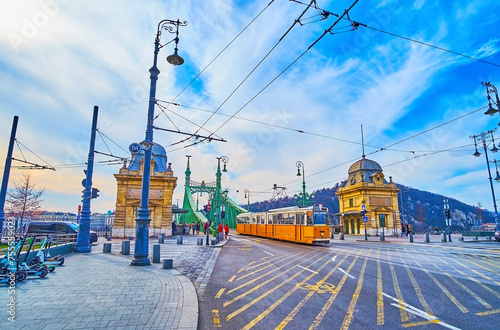 The tram at the Liberty Bridge, Budapest, Hungary