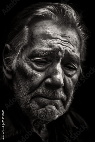 Highly detailed black and white portrait of an elderly man with deep wrinkles and a moving expression. 